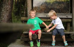 Zwei fröhliche Kinder genießen einen unbeschwerten Moment in der Natur, während sie auf einer Holzbank im Naturpark sitzen. Umgeben von üppigem Grün und der frischen Luft des Hochmoors, strahlen ihre Gesichter vor Freude und Neugier. Diese idyllische Szenerie lädt dazu ein, die Schönheit der Natur zu entdecken und unvergessliche Erinnerungen zu schaffen.