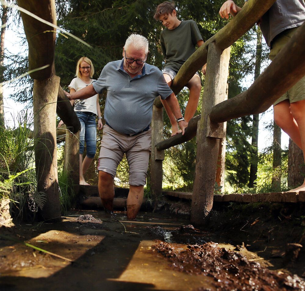 Ein Mann geht durch die Moortretanlage im Naturpark Heidenreichsteiner Moor. 