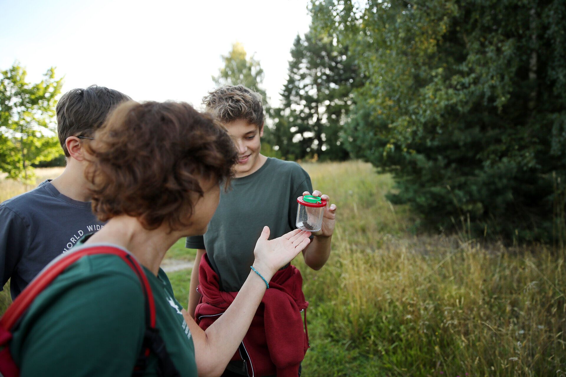 Eine Naturvermittlerung zeigt zwei Burschen einen Frosch in einer Becherlupe. 