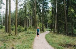 Ein sanfter Pfad schlängelt sich durch die üppige, grüne Landschaft des Naturparks, umgeben von hohen Bäumen und dem beruhigenden Gesang der Vögel. Die frische Luft und das sanfte Licht schaffen eine einladende Atmosphäre, die zum Verweilen und Entspannen einlädt.