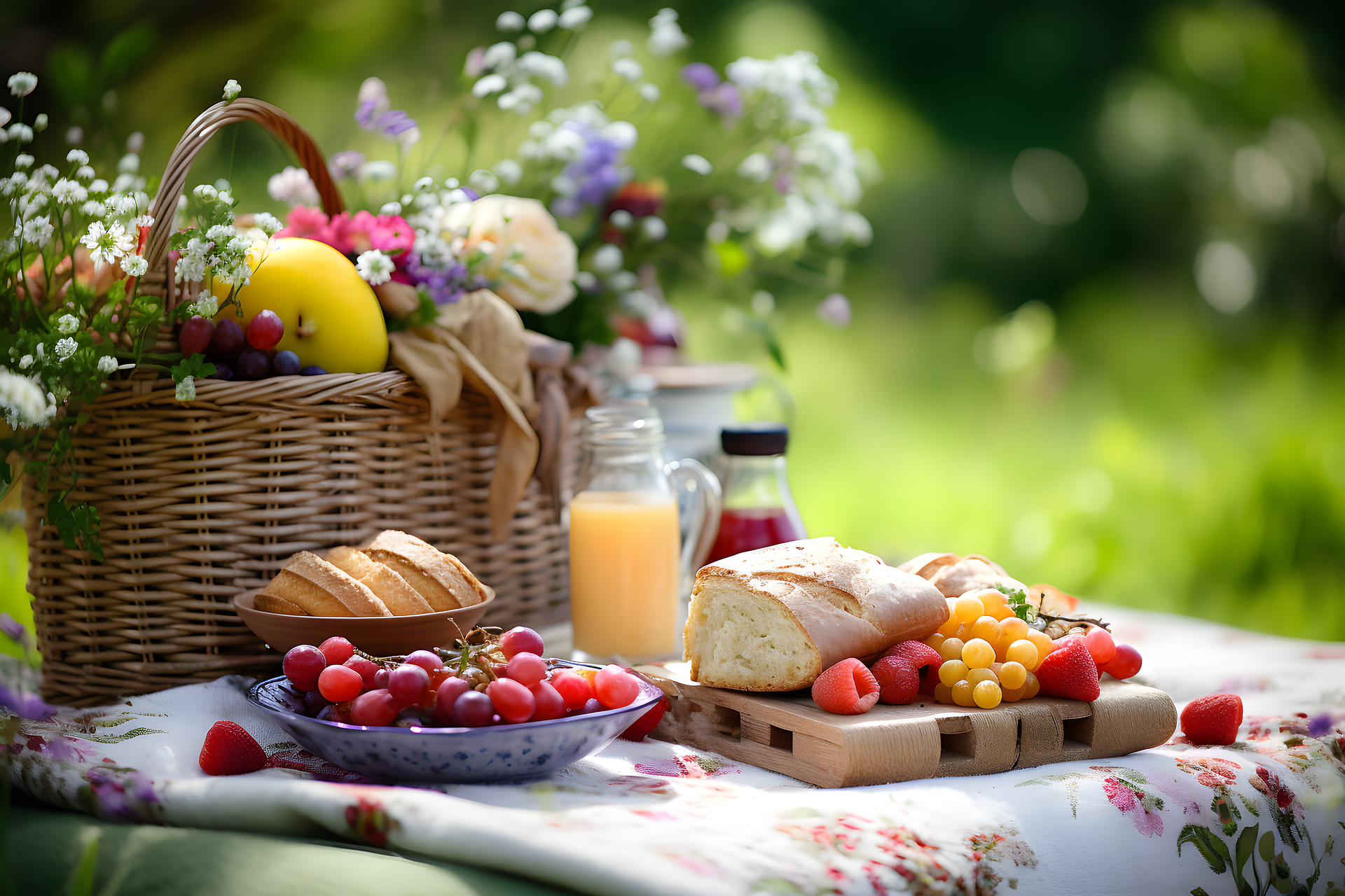 Ein Picknickkorb, mit Obst und Brot in der Natur