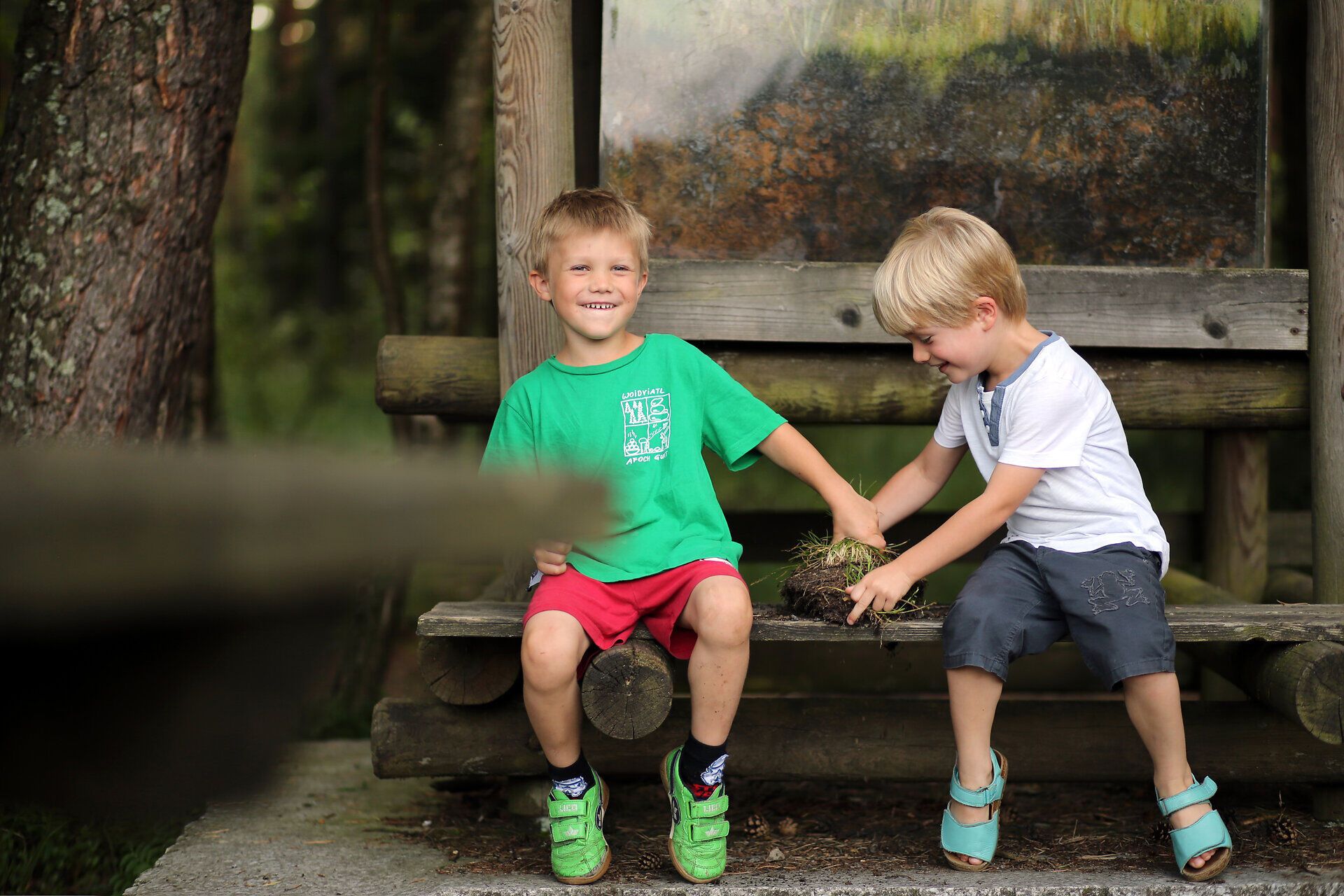 Zwei fröhliche Kinder genießen einen unbeschwerten Moment in der Natur, während sie auf einer Holzbank im Naturpark sitzen. Umgeben von üppigem Grün und der frischen Luft des Hochmoors, strahlen ihre Gesichter vor Freude und Neugier. Diese idyllische Szenerie lädt dazu ein, die Schönheit der Natur zu entdecken und unvergessliche Erinnerungen zu schaffen.